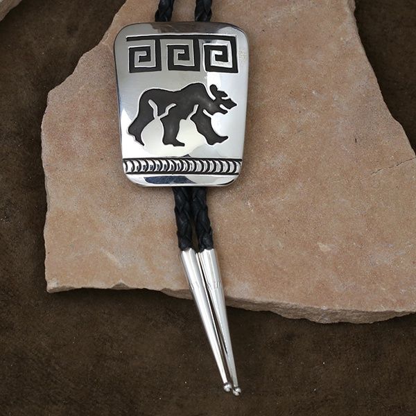 Navajo overlay bear design bolo tie