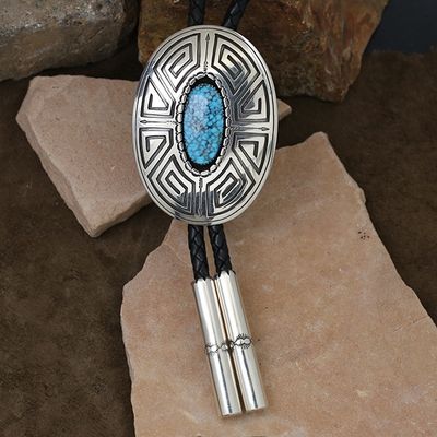 Large oval overlay bolo tie w/ spiderweb turquoise