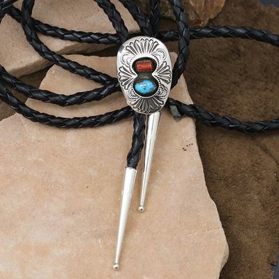 Mini coral &amp; turquoise Navajo bolo tie