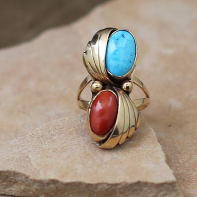 Navajo 1970&#39;s 14kt gold ring w/turquoise &amp; coral