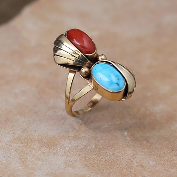 Navajo 1970's 14kt gold ring w/turquoise &amp; coral