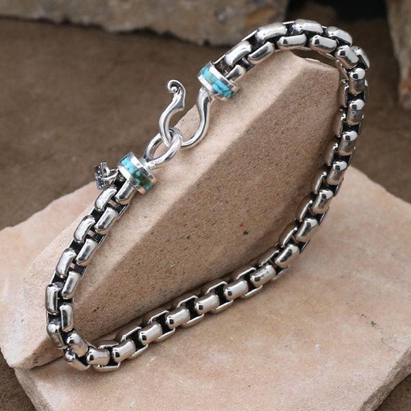 Heavy link chain bracelet w/ turquoise inlay
