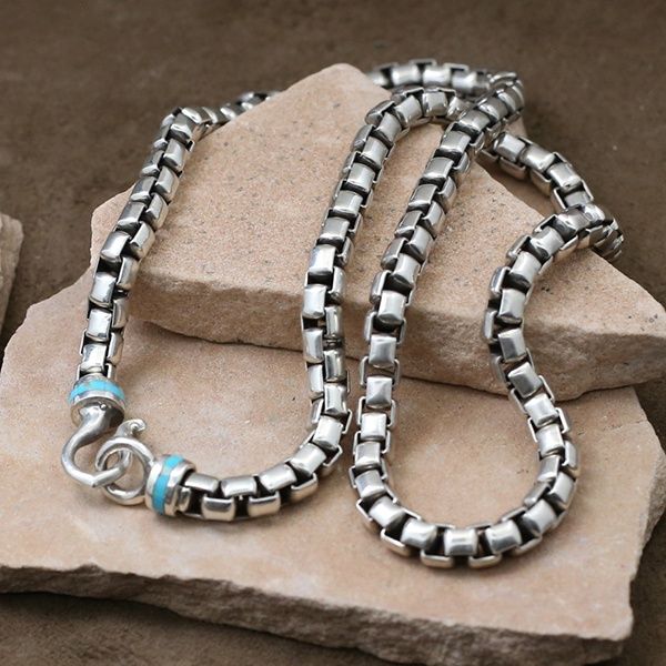Heavy link chain necklace w/turquoise inlay