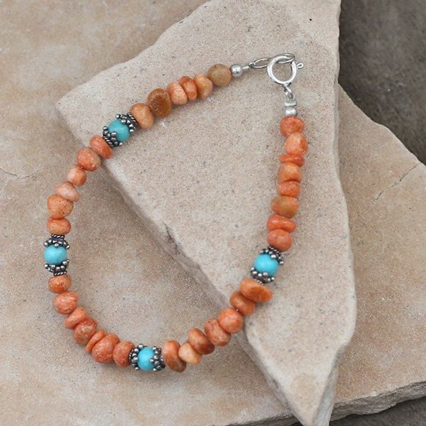 Orange Spiny oyster shell &amp; turquoise bead bracelet