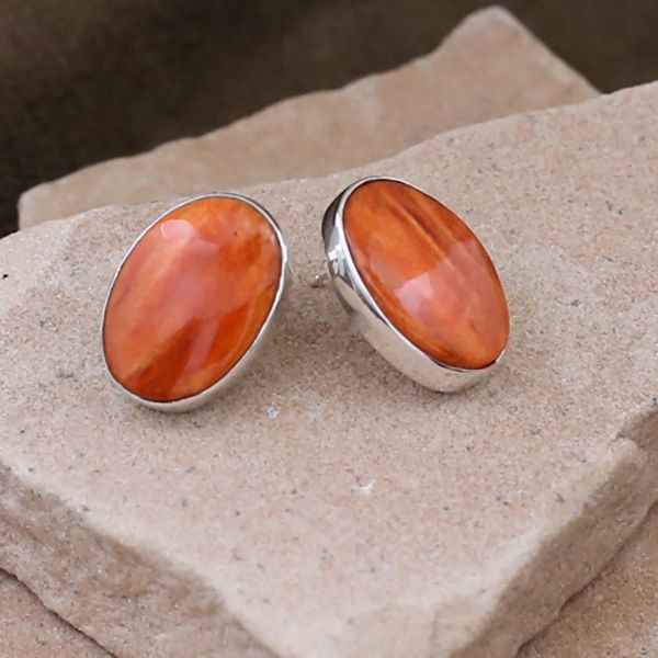 Large oval orange spiny oyster shell earrings