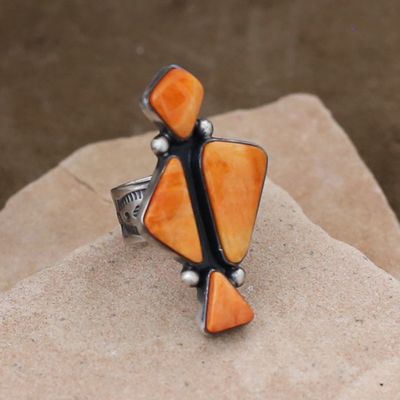 Irregular shell adjustable ring w/orange spiny oyster