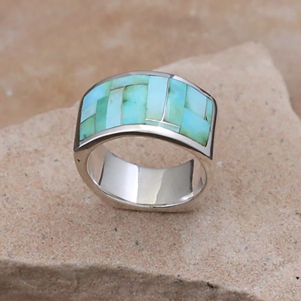 Green Sonoran Gold turquoise inlay flat bottom ring