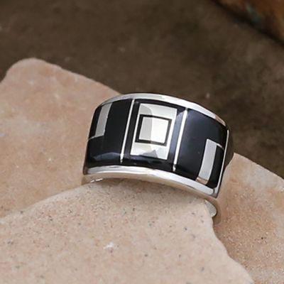 Large black jet &amp; silver inlay ring