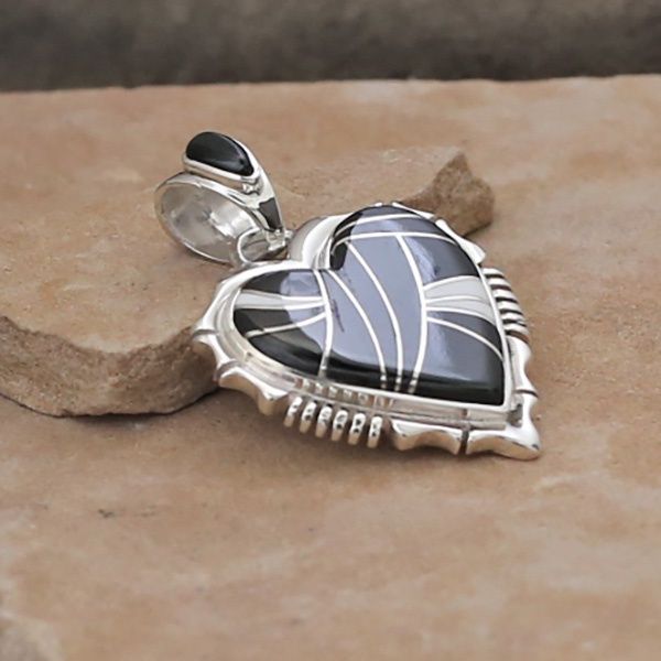 Large Navajo inlay heart pendant w/ Jet &amp; White Buffalo stone