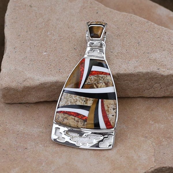 Contemporary inlay pendant w/ carved ends