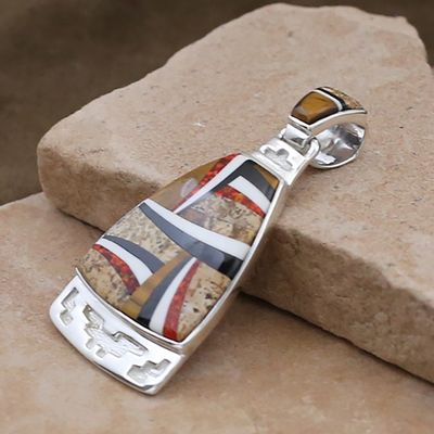 Contemporary inlay pendant w/ carved ends