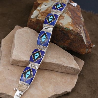 Large blue rug pattern link bracelet