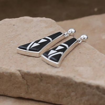 Navajo dangle earrings w/ Acoma Jet &amp; White Buffalo stone