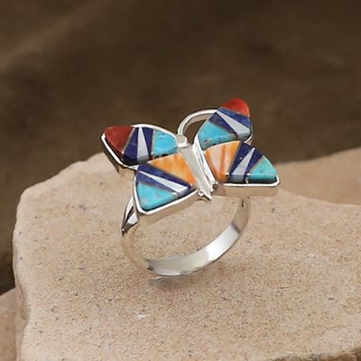 Multicolor Inlay butterfly ring