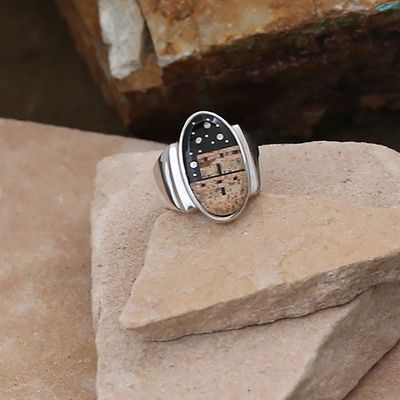 Small oval inlay ring w/ Adobe Pueblo design