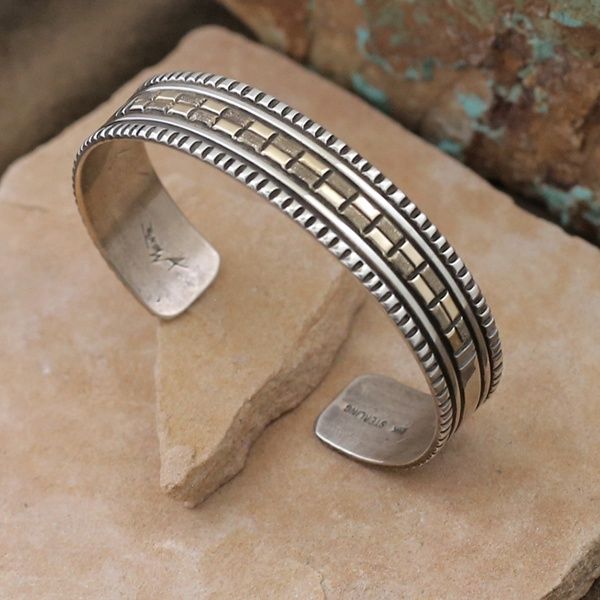 Narrow silver bracelet w/ 14kt gold pattern