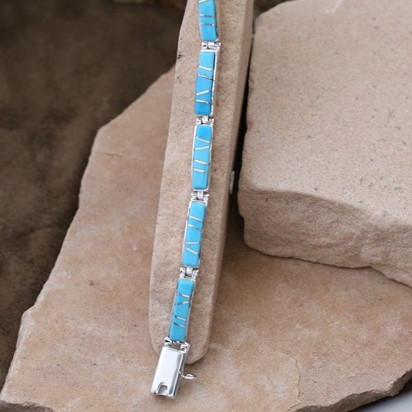 Thin inlay link bracelet w/ Kingman turquoise