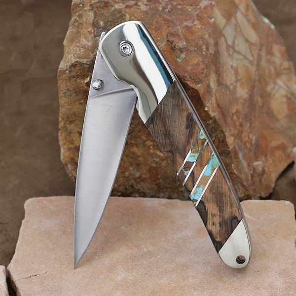 Turquoise and wood inlay folding knife
