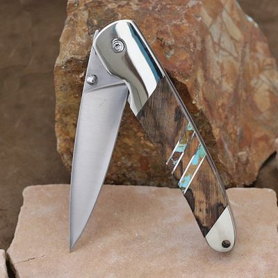 Turquoise and wood inlay folding knife