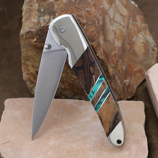 Malachite and wood inlay folding kinfe