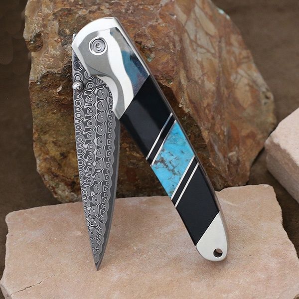 Jewel collection black onyx and turquoise inlay folding knife