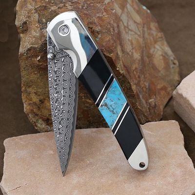 Jewel collection black onyx and turquoise inlay folding knife