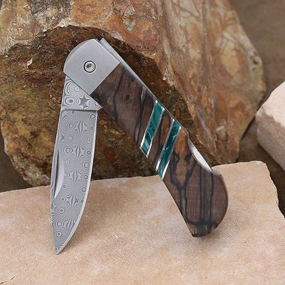 Pocket knife w/ beach wood and malachite inlay