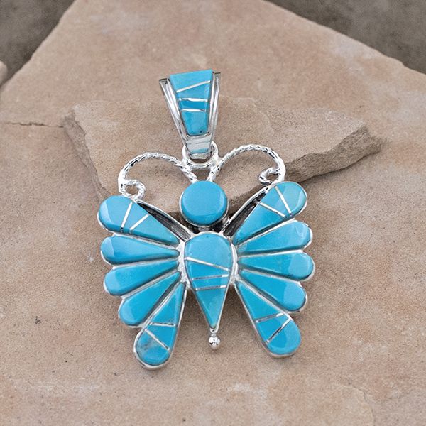Large turquoise inlay Butterfly pendant-Calvin Begay