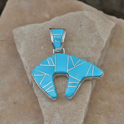 Large turquoise inlay bear pendant-Calvin Begay