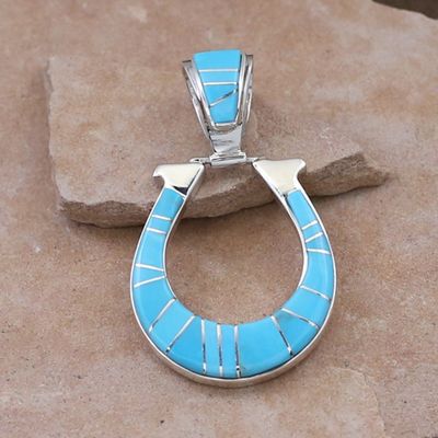 Large turquoise inlay Horse Shoe pendant-Calvin Begay