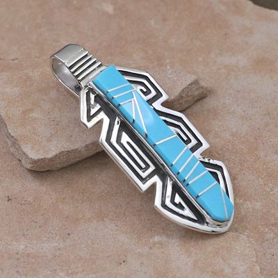 Large turquoise inlay feather pendant-Calvin Begay