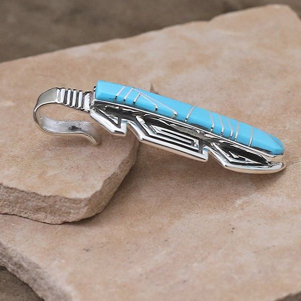 Large turquoise inlay feather pendant-Calvin Begay