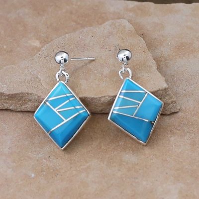 Turquoise inlay diamond shape dangle earrings-