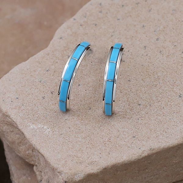 Thin Zuni turquoise channel 1/2 hoop earrings