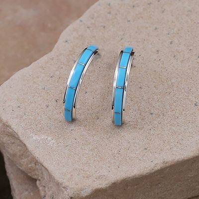 Thin Zuni turquoise channel 1/2 hoop earrings