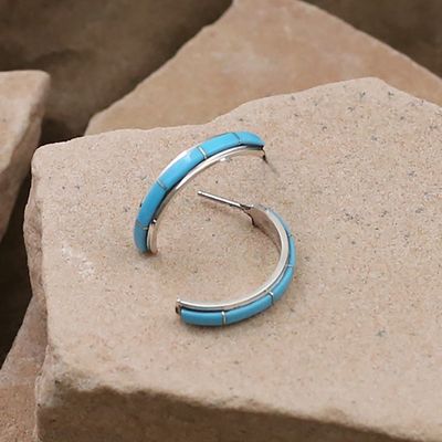 Thin Zuni turquoise channel 1/2 hoop earrings