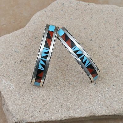 Multicolor inlay Zuni hoop earrings