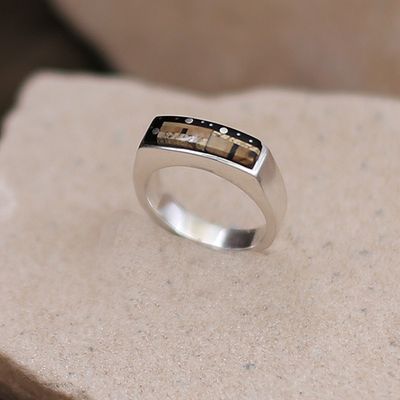 Rectangular inlay ring w/ adobe pueblo design