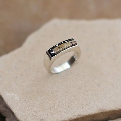 Rectangular inlay ring w/ adobe pueblo design