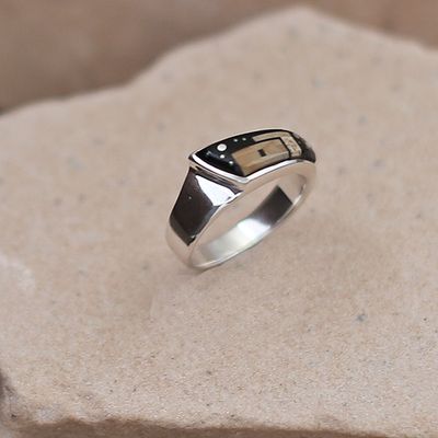 Unique inlay ring w/ adobe pueblo inlay