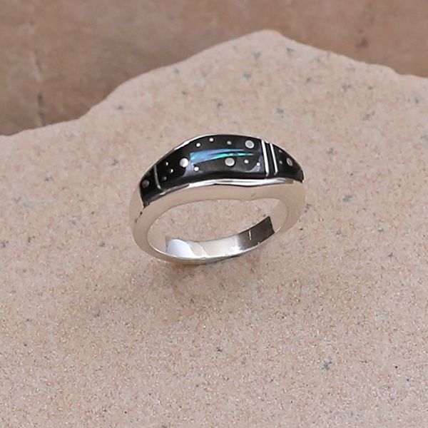 Thin tapered inlay ring w/ night sky design