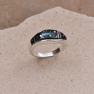 Thin tapered inlay ring w/ night sky design