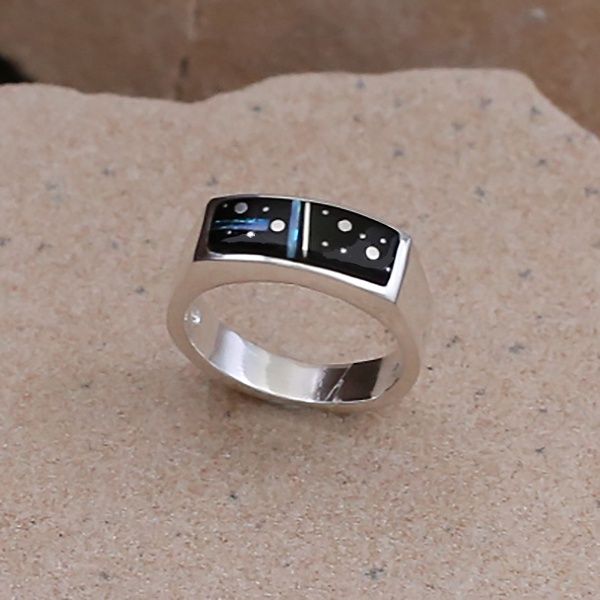 Thin inlay ring w/rectangular night sky design
