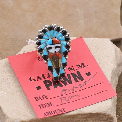 Zuni headdress inlay ring-Pawn Jewelry