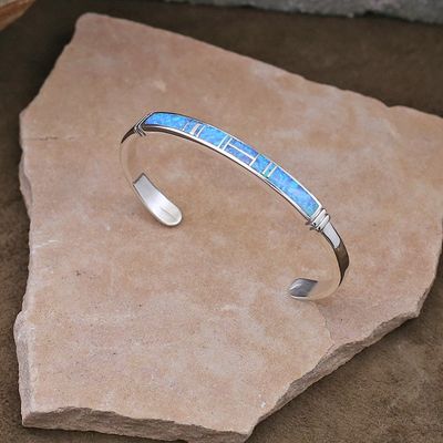 Blue cultured opal channel inlay bracelet