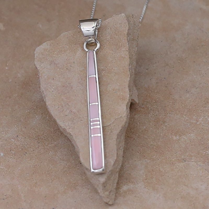 Pink conch long thin inlay pendant
