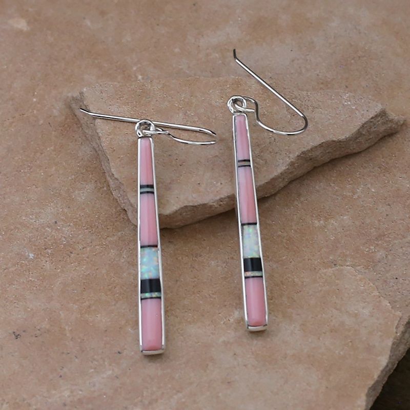 Pink conch inlay long earrings