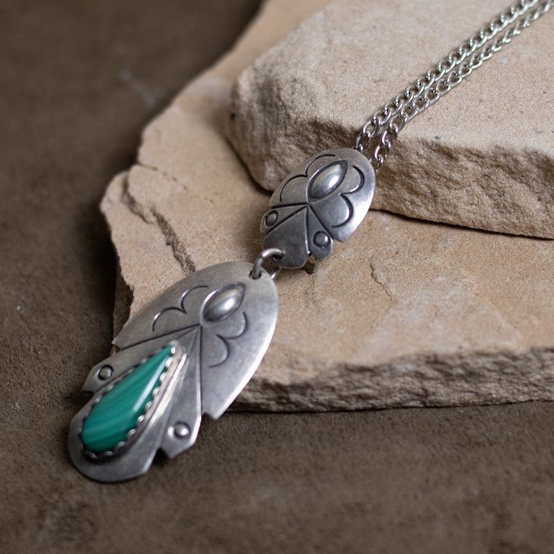Double Dangle Feather Pendant with Malachite