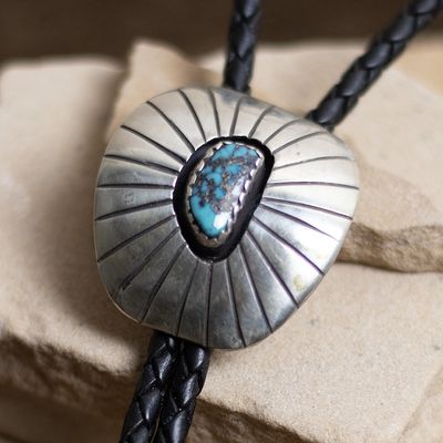 1970s Simple Curve Lone Mountain Turquoise Bolo Tie