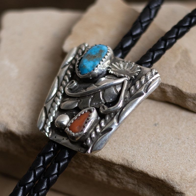1970s Small Turquoise and Coral Traditional Design Bolo Tie